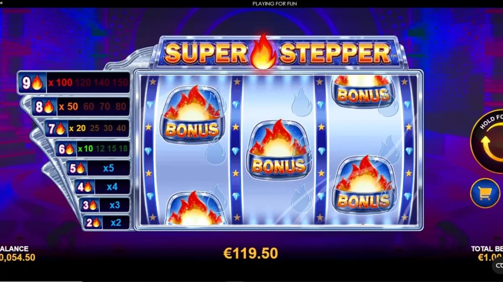 Tampilan visual slot Super Stepper dengan tema neon ungu dan grid 3x3