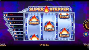 Tampilan visual slot Super Stepper dengan tema neon ungu dan grid 3x3