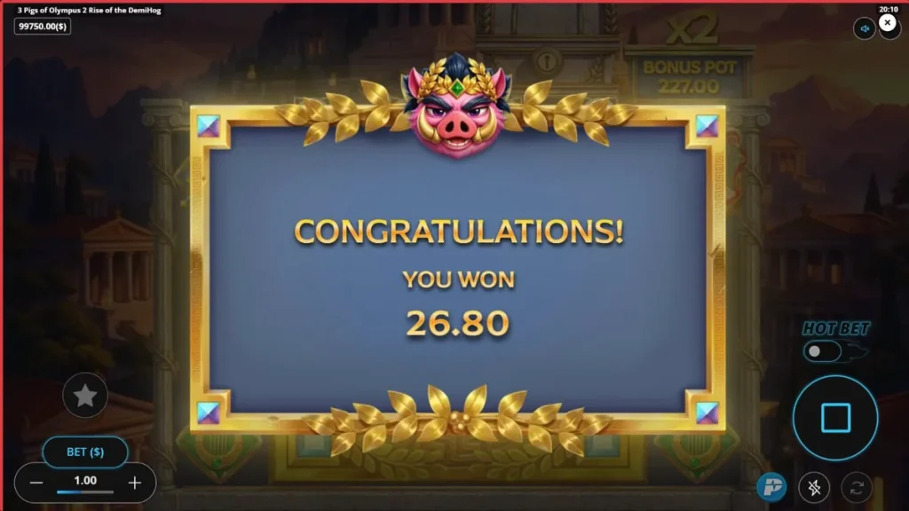 Tampilan visual slot 3 Pigs of Olympus 2 Rise of the DemiHog dengan tema mitologi Yunani dan babi