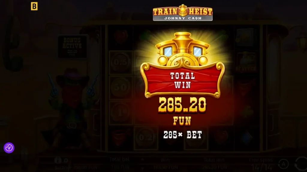 Tampilan antarmuka seluler slot Train Heist Johnny Cash dengan tema Wild West